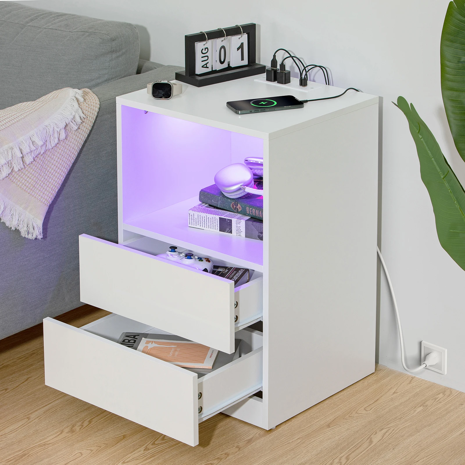 LED Bedside Table with Bluetooth Light Strip USB Port and Power Outlet Modern Furniture for Bedroom with Multifunctional Design