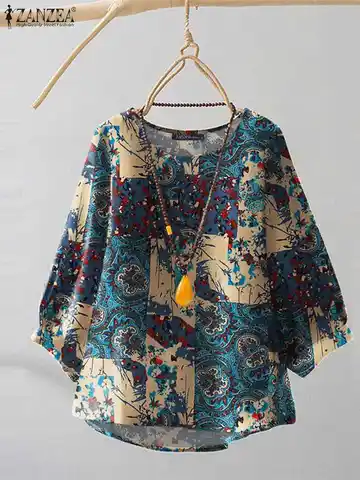 ZANZEA Top da donna in cotone allentato casual Tunica girocollo vintage Camicie con maniche a tre quarti Camicetta grembiule stampata floreale