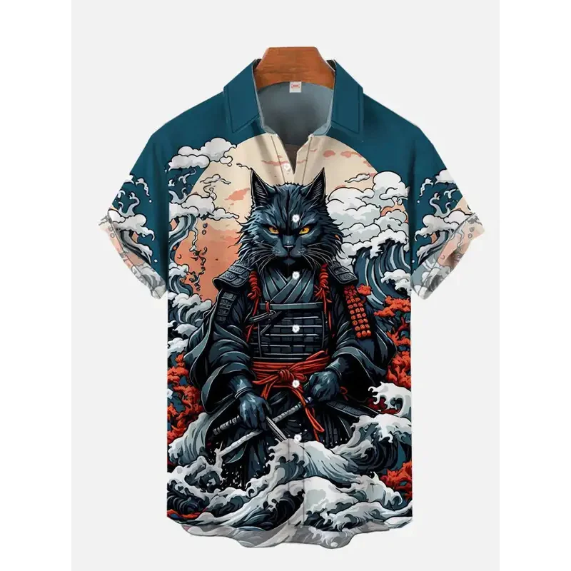 2024 Fashion Ukiyo-E Tropical Floral And Japanese Samurai Printing Turndown Collar Hawaiian Short Sleeve Shirt Casual Shirts