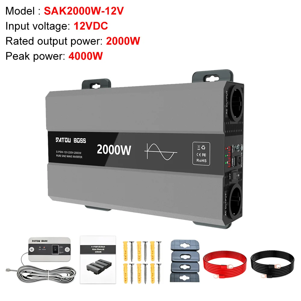 DATOUBOSS 2000W Zuivere Sinusgolf Omvormer 12V DC naar 230V AC 50Hz Draagbare RV Auto Stroomomvormer met USB AC Aansluiting LCD CE Veiligheid EU Voorraad