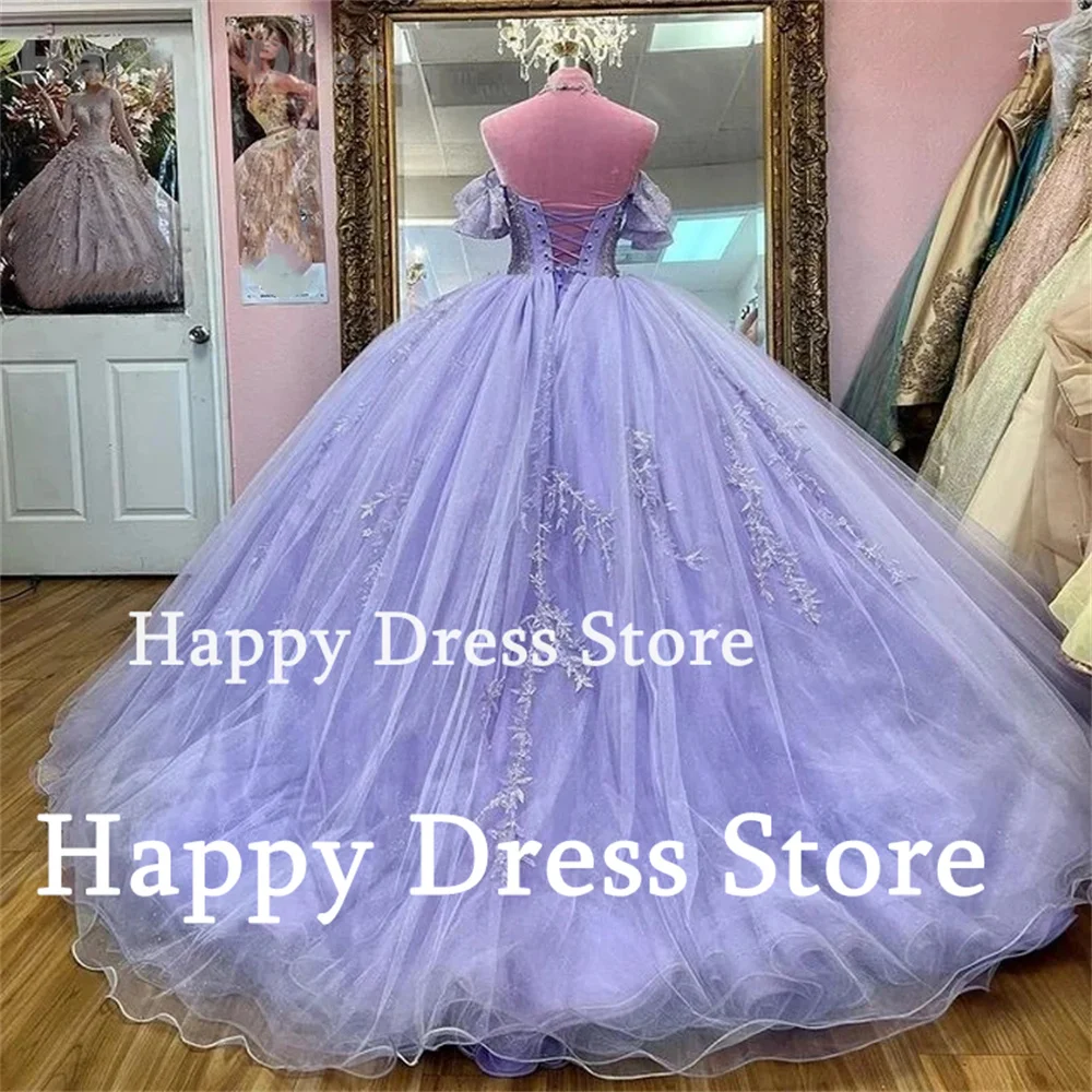 New Purple Princess Quinceanera Ball Gown Weeding Dress Shiny Prom Dress Sweethear Neck Tulle Lace Appliques A-Line Bridal Gown