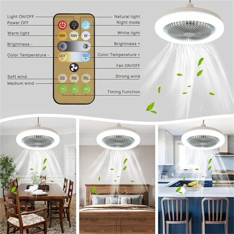 1Pc E27 Ceiling Fan Light with Remote Control 30W LED Adjustable Brightness 3 Color Light Dimming Ceiling Lamp Home Lighting Fan