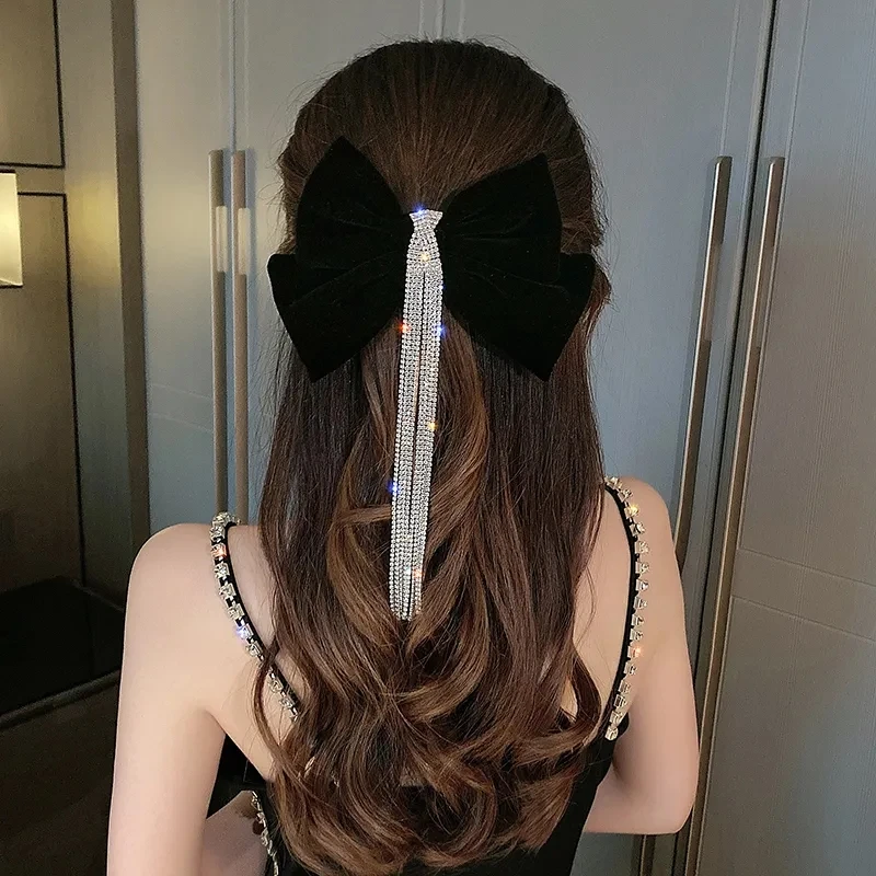 Black Red Elegant Bowknot Diamond Tassel Hair Clip New Temperament Spring Clip Back of The Head Hair