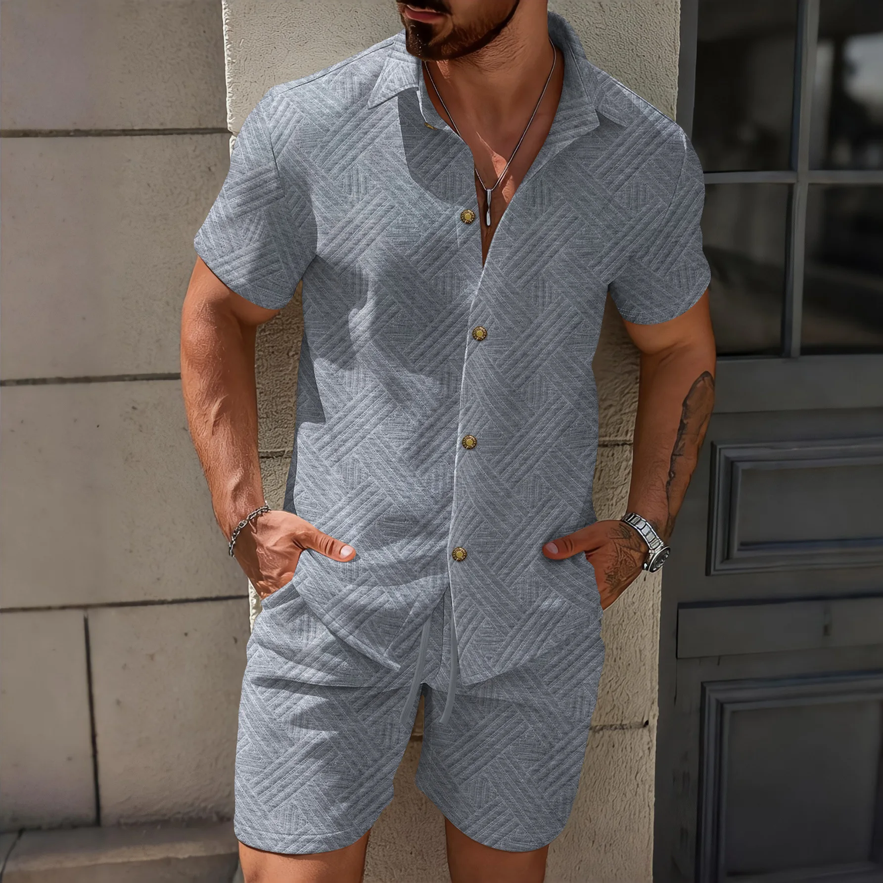 2026 New Trend Men's Solid Color Jacquard Collar Swe2026 New Ater Fashion High-Quality Short-Sleeved Shirt Casual Two-Piece Set
