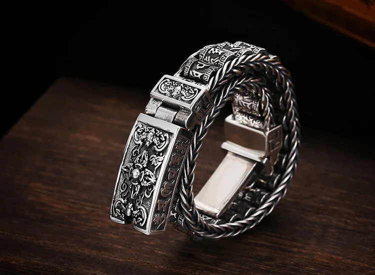 S925 Sterling Silver Men's Handwoven Buddhist Six Word Scripture Turning Cylinder Silver Chain Handicraft Personalized Retro Bra