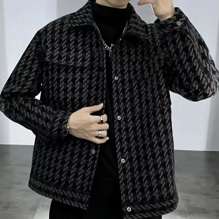 Square Collar Jacket Men's Casual Versatile Thousand Bird Plaid Jacket Korean Version Handsome Men's Jacket