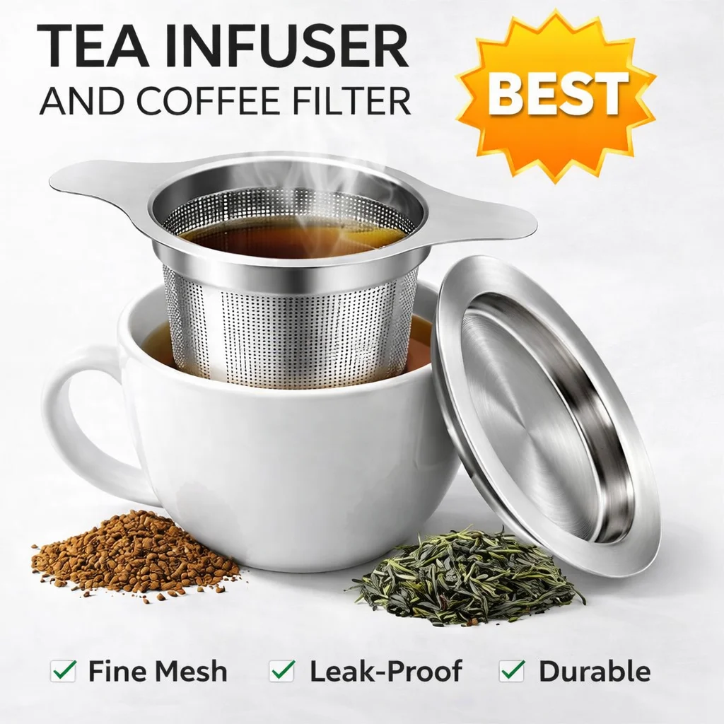 Infusor de té de malla fina desmontable, filtro de café de acero inoxidable con tapa, colador de taza colgante a prueba de fugas con doble mango, duradero