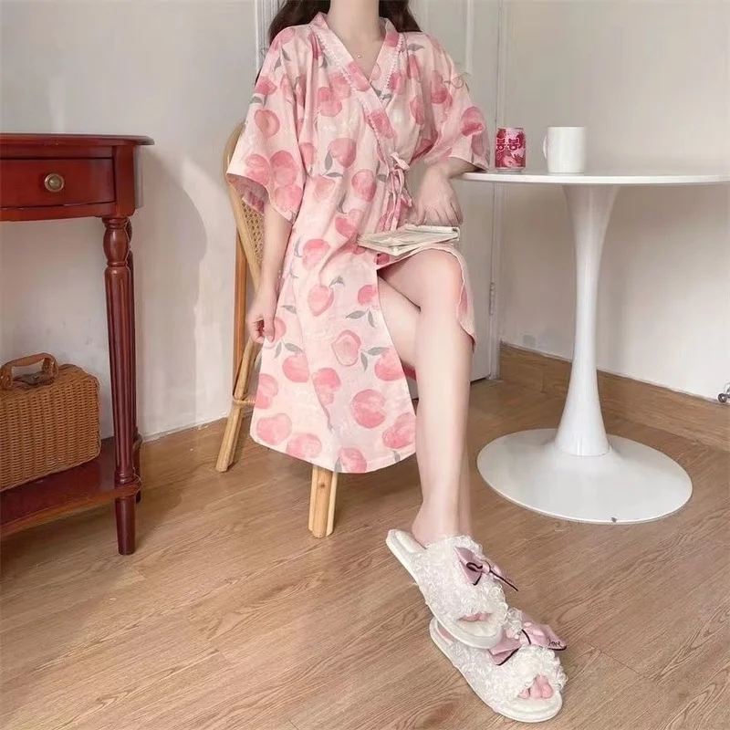 Nightgowns Women Sweet Home Summer Medium-long Comfortable Sexy Japanese Style V-neck Thin Bandage Girlish Kawaii Daily Female