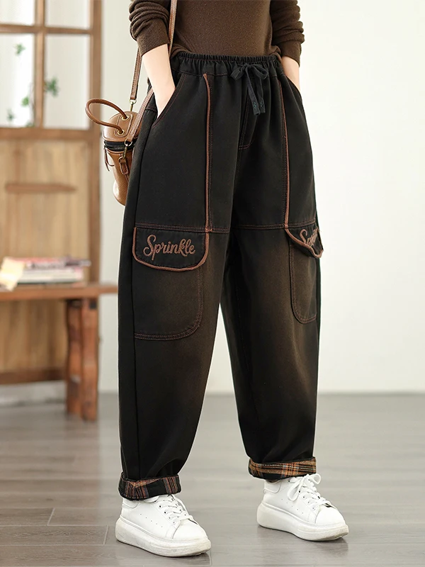 بنطلون جينز نسائي فاخر مبطن بالصوف سميك بتصميم هارلان للخريف والشتاء، طراز جديد كاجوال بأسلوب شخصي عتيق من تسعة أجزاء