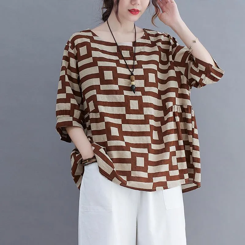 

2023 Summer New Arts Style Women Short Sleeves Loose Tee Shirt Femme Tops All-matched Casual Cotton Linen Print T-shirt P46