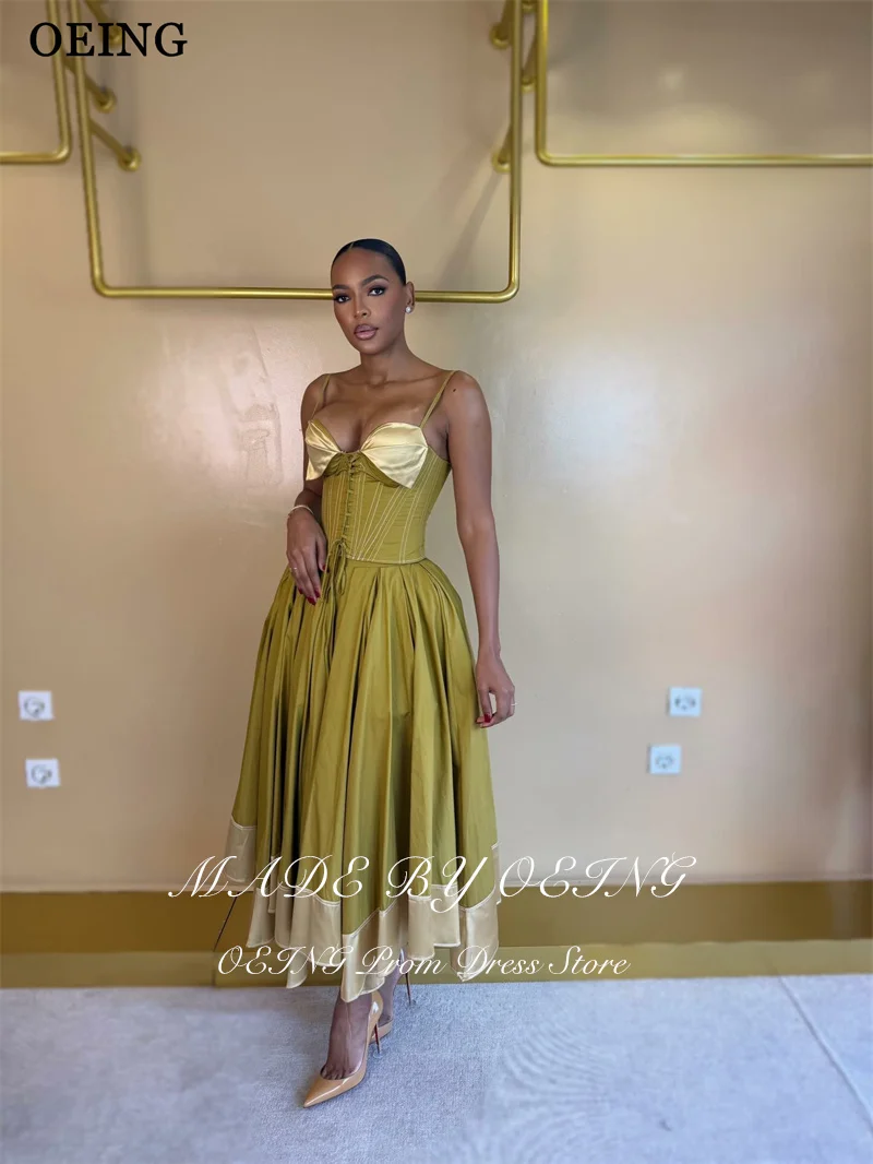OEING Simple Olive Green A-Line Prom Dresses Spaghetti Strap Contrast Color Midi Party Dress Corset Cocktail Dress Customized view 5
