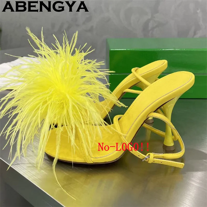 

Hot Feather Tassel Flip Flop Thin High Heels Sandals Women Ankle Buckle Peep Toe Gladiator Sandals Summer Sexy Dress Party Shoes