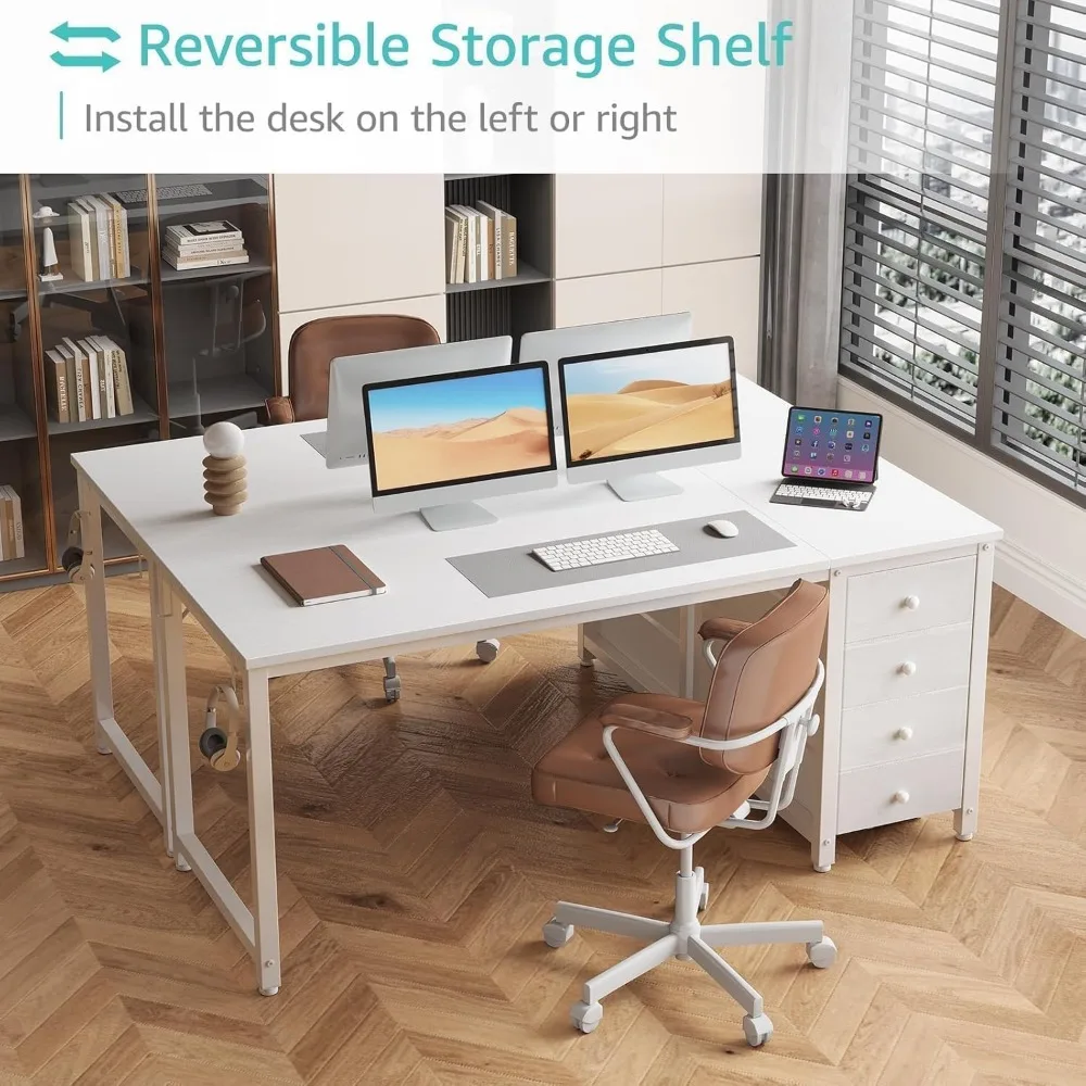 55 Escritorio de oficina en casa reversible moderno con cajones - Escritorio de 55 pulgadas de largo para estudio y dormitorio