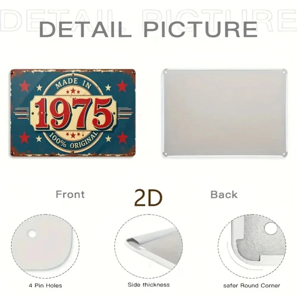 1 قطعة لوحة فنية جدارية كلاسيكية من القصدير المعدني لعام 1975 - "صنع في عام 1975 أصلية 100%" لوحة حديدية ريفية، ديكور ريترو 12 × 8 بوصة