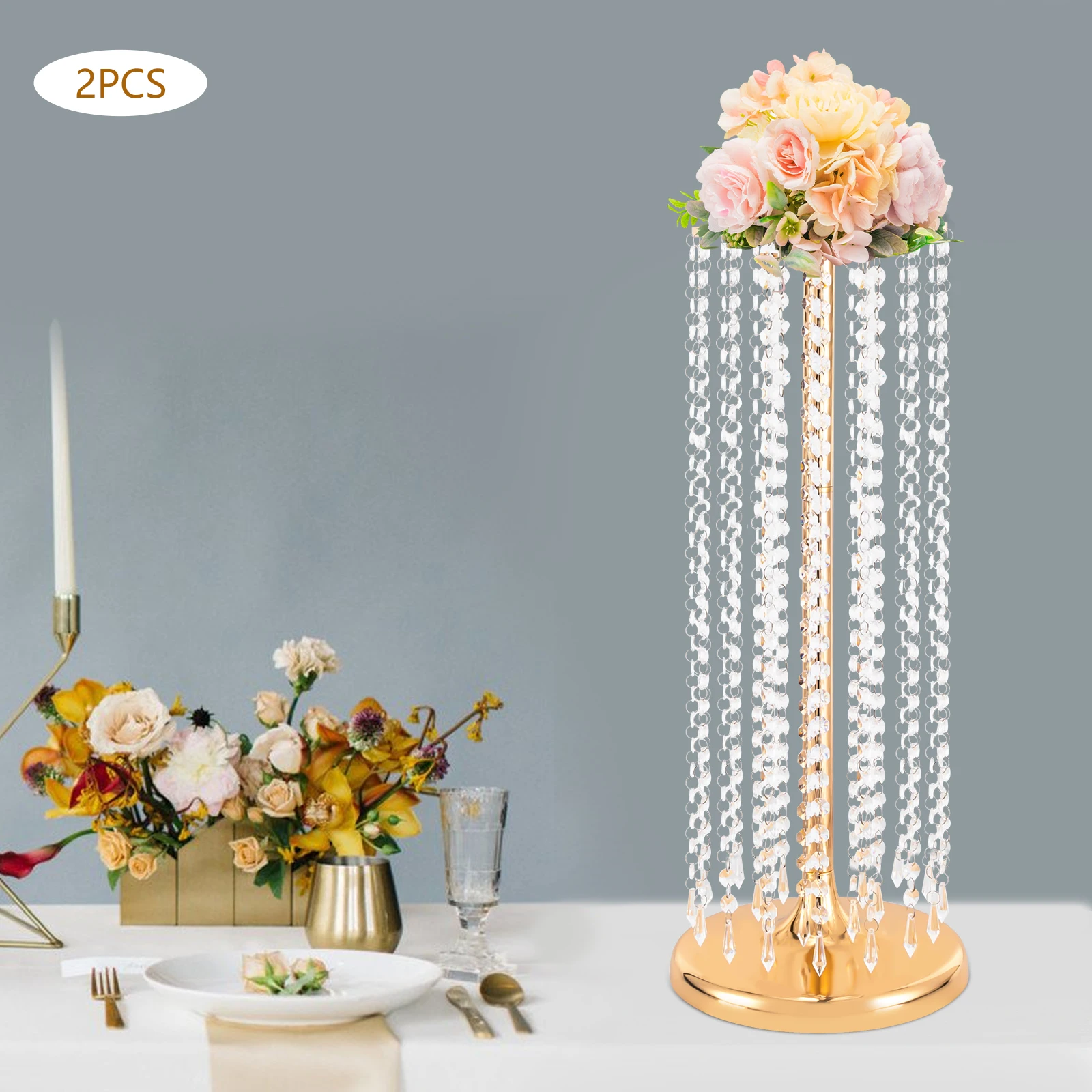 2pcs 60cm/70cm/90cm Tall Crystal Vase Metal Flowers Stand fits Party Tables Decorations (Silver/Gold)