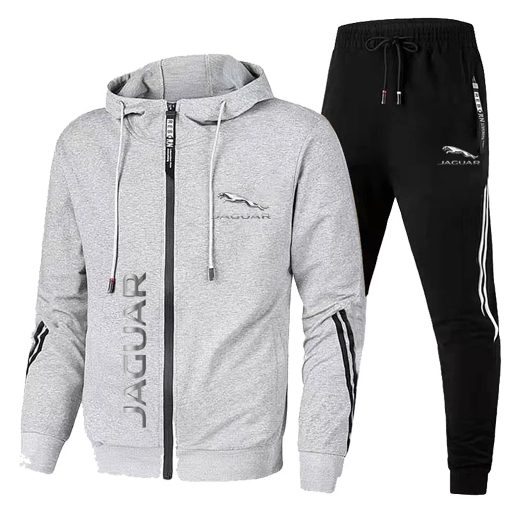 New Men\'s Sports Set Brand Car Logo Jaguar Outdoor Fitness Training Set, Striped Top, Drawstring Pants Two Piece Set