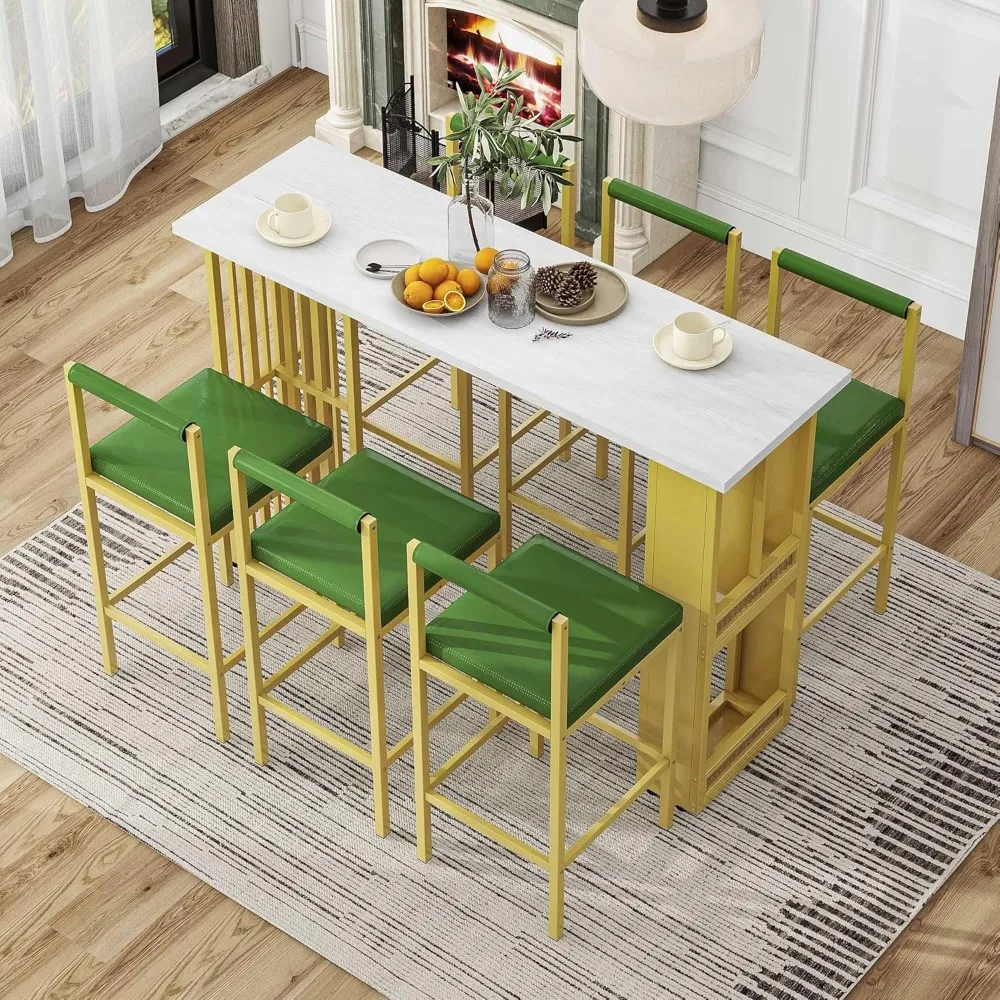 

Modern Counter Height Dining Bar Table Set, 7-Piece Home Bar Pub Kitchen Set with Open Shelves and 6 Upholstered Stools