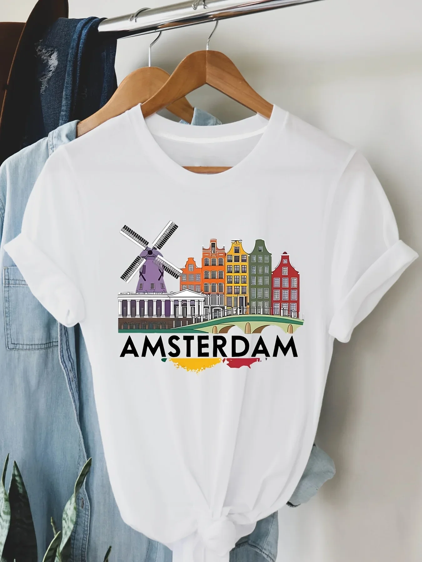 

White Short Sleeve Casual Summer Cartoon Design Texture Printed Shirt Women's Amsterdam Windmill & Canal Graphic Tops Tees