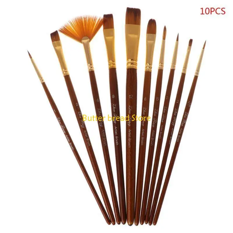 

W89C 10Pcs Watercolor Paint Brushes Set Nylon Hair Painting Brush Variety Oil A