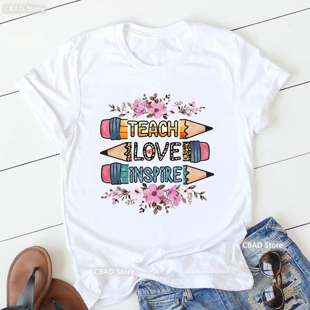 

Leopard Teach Love Inspire Letter Print Tshirt Women Clothes 2024 Pink Flowers T Shirt Femme White Casual T-Shirt Female Tops