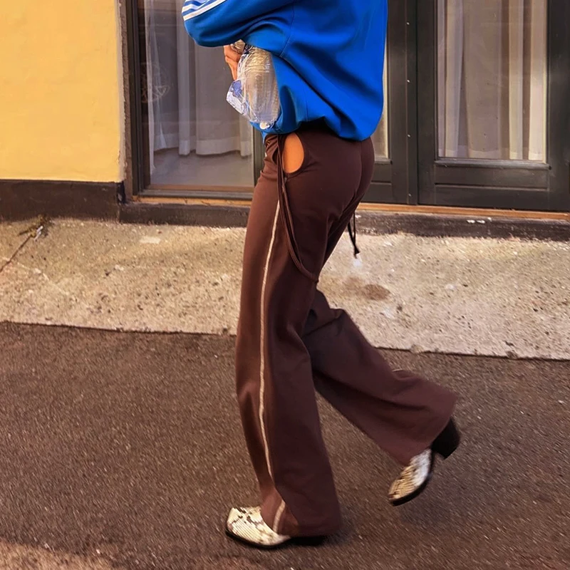 

CUTENOVA Spring Summer New Women'S Vertical Line Color Collision Straight Tie Belt Hollow Out Low Waist Pants Casual Fashion