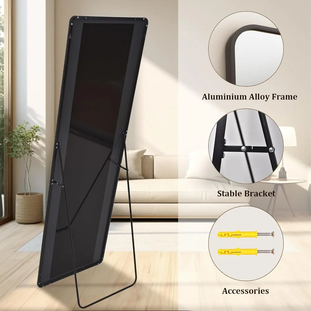 Bodenspiegel in voller Länge mit Ständer, 16 x 59 Zoll, Rahmen aus mattierter Aluminiumlegierung, freistehend und an der Wand montierbar, Karosseriespiegel für