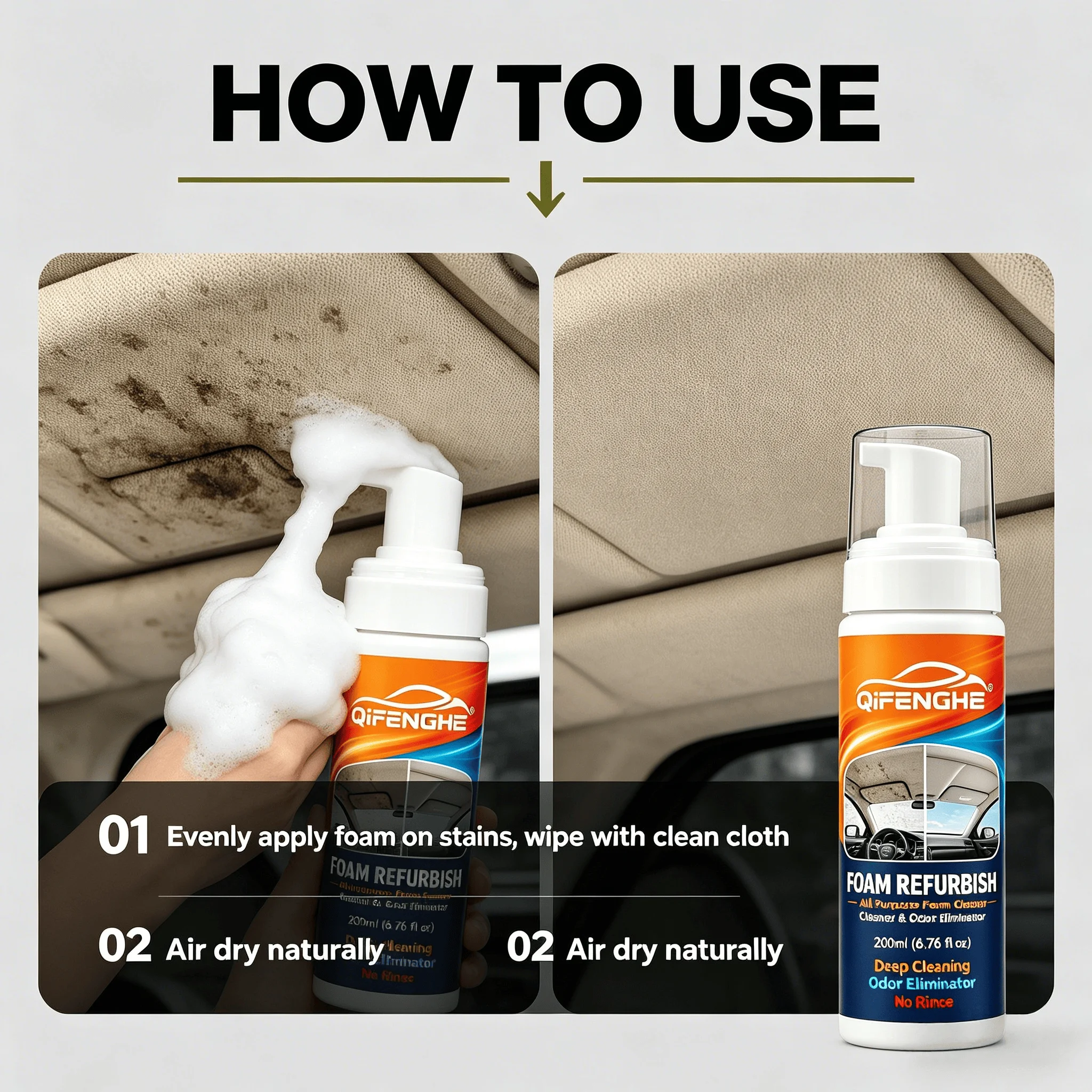 Multi-Surface Car Foam Refurbisher 200ML No Rinse Deep Cleaning Odor Eliminator with Sponge for Auto Home Dual-Use Interior Care