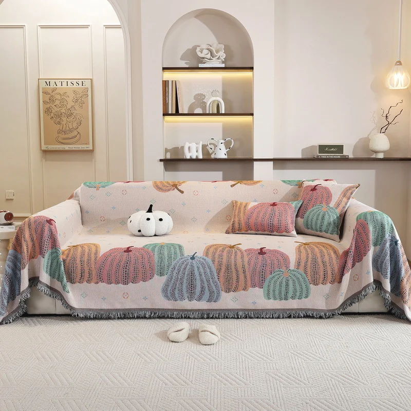 Pumpkin Pattern Sofa Cover Throw for All-Seasons Anti-Skid Couch Protector Stretchable Sofa Blanket for Living Room Home Decor