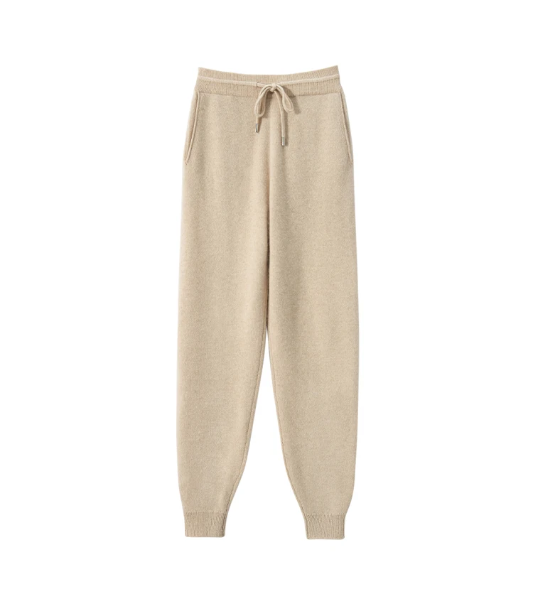 ฤดูใบไม้ร่วงฤดูหนาว 100% แคชเมียร์ผู้หญิงกางเกง Bunched ฟุตขนสัตว์ LACE-up Casual กางเกงกีฬากลางแจ้ง Jogging Light Breathable