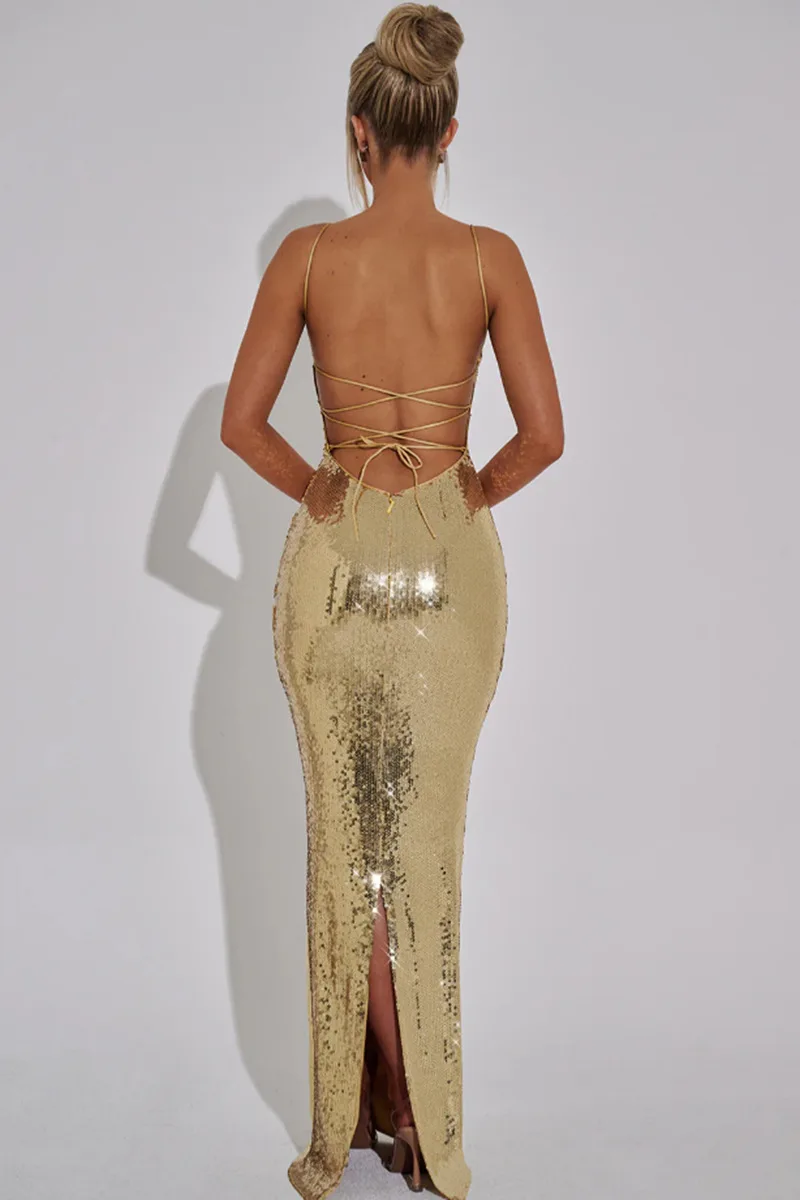 Vestido largo brillante dorado con lentejuelas de lujo para mujer, vestido Sexy ajustado de cintura alta plateado, fiesta de noche, cóctel, graduación, verano 2025