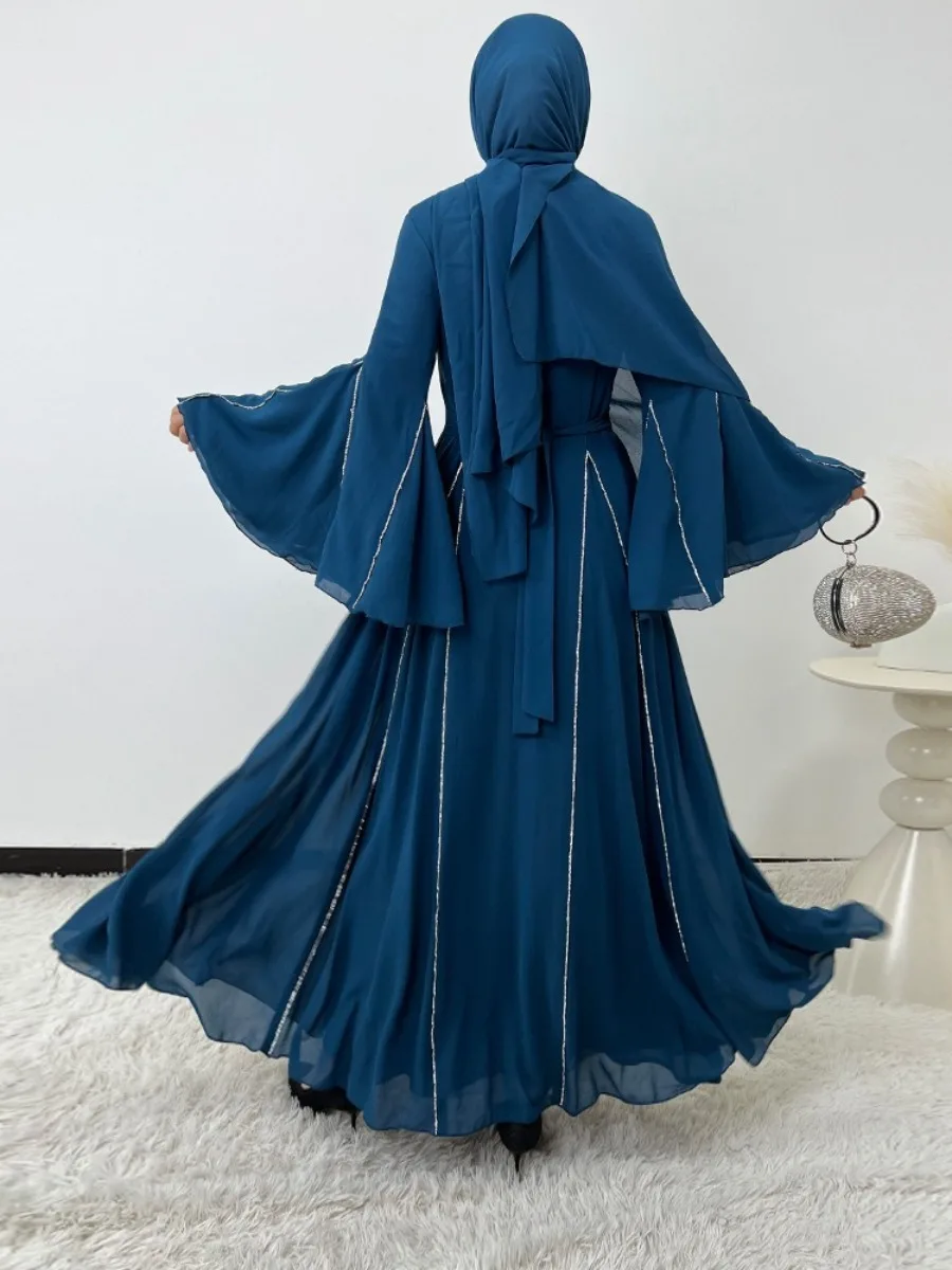 Eid Abito da donna Musulmano in chiffon Abaya Manica svasata Party Jalabiya Ramadan Abiti Largos Caftano Arabo Abito lungo Marocco Caftano
