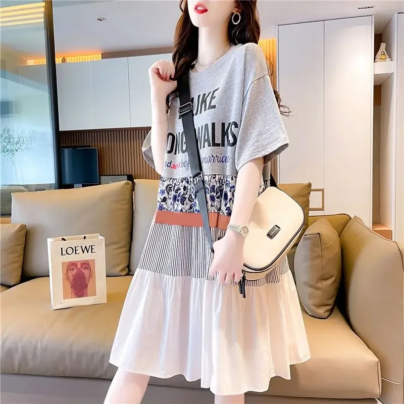 Korean Casual Letter Printed T-shirt Dress for Female Fashionable Loose Spliced Dresses Summer Short Sleeve Women's Clothing