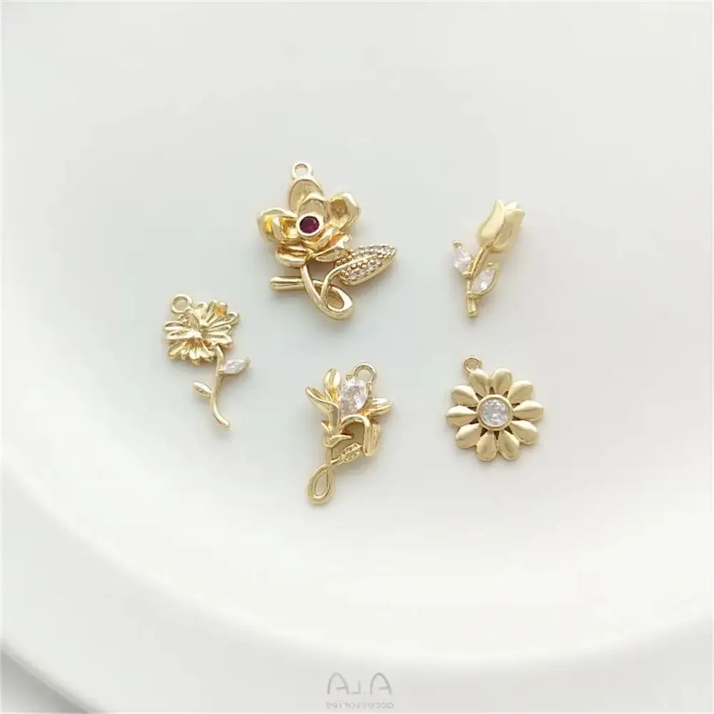 

14K Pack Gold Color Preserving Zircon Small Daisy Tulip Rose Flower Pendant Handmade Earrings Bracelet Pendant