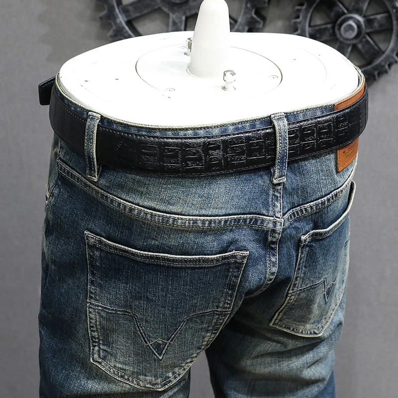 Fashion Designer Men Jeans High Quality Retro Washed Blue Stretch Slim Fit Ripped Jeans Men Vintage Casual Denim Pants Hombre