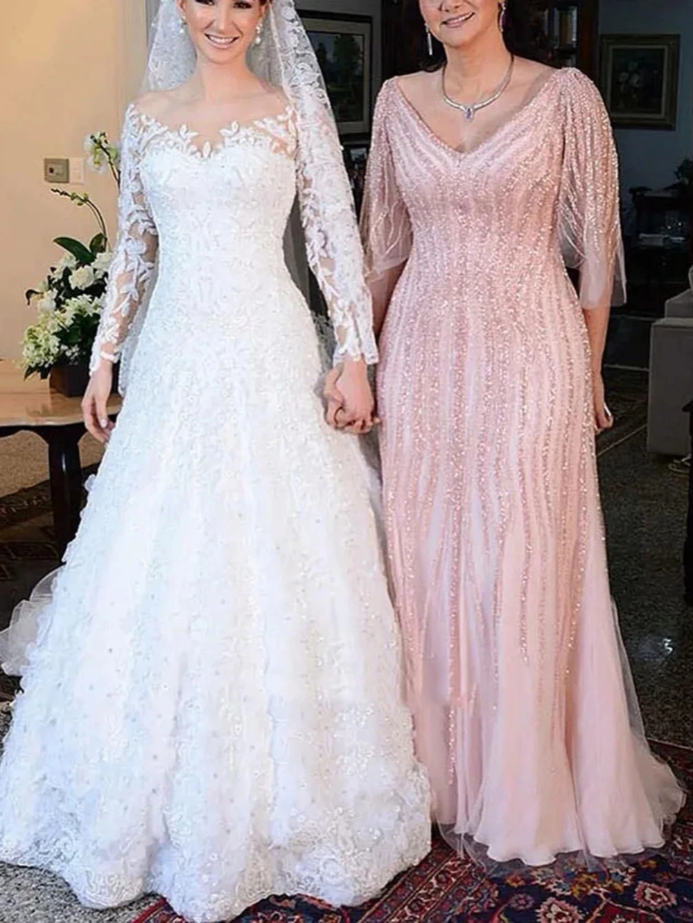 Classic V-neck 3/4 Sleeve Mother Of The Bride Dress For Wedding Sequined Beads Prom Dress Customized Elegant Pink Evening Gown