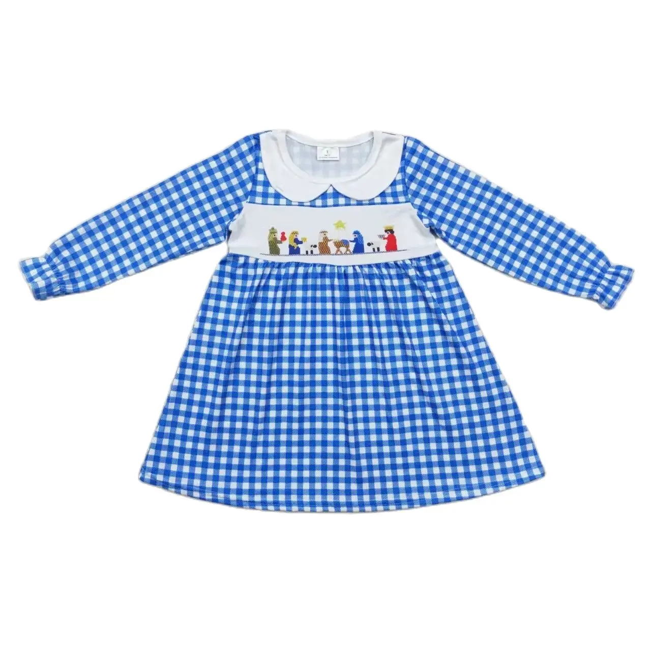 

Toddler Girls blue plaid jesus Dress toddlers Wholesale Boutique Clothing Children Kids long Sleeves twirl Skirts popular