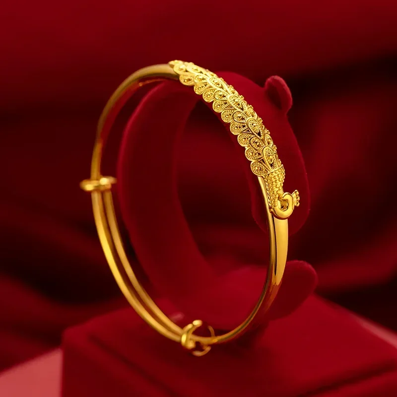 

9999 Real Gold 24K Gold Women's Peacock Bracelet Bridal Wedding Peacock Push-pull Bracelet Dragon and Phoenix Bracelet