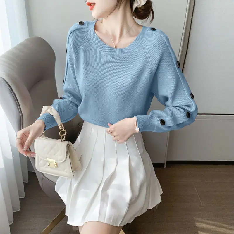 Pink Colour Knitting Pullover Long Sleeve Sweet Preppy Style O-Neck Batwing Sleeve Black Button Lazy Wind Sweaters Women Wild