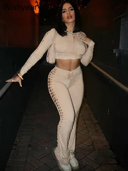 Tracksuits Long Sleeve Crop Top High Waist Pencil Pants 2 Piece Sets for Women Sexy Hollow Out Bandage Slim Jogging Suits 2023