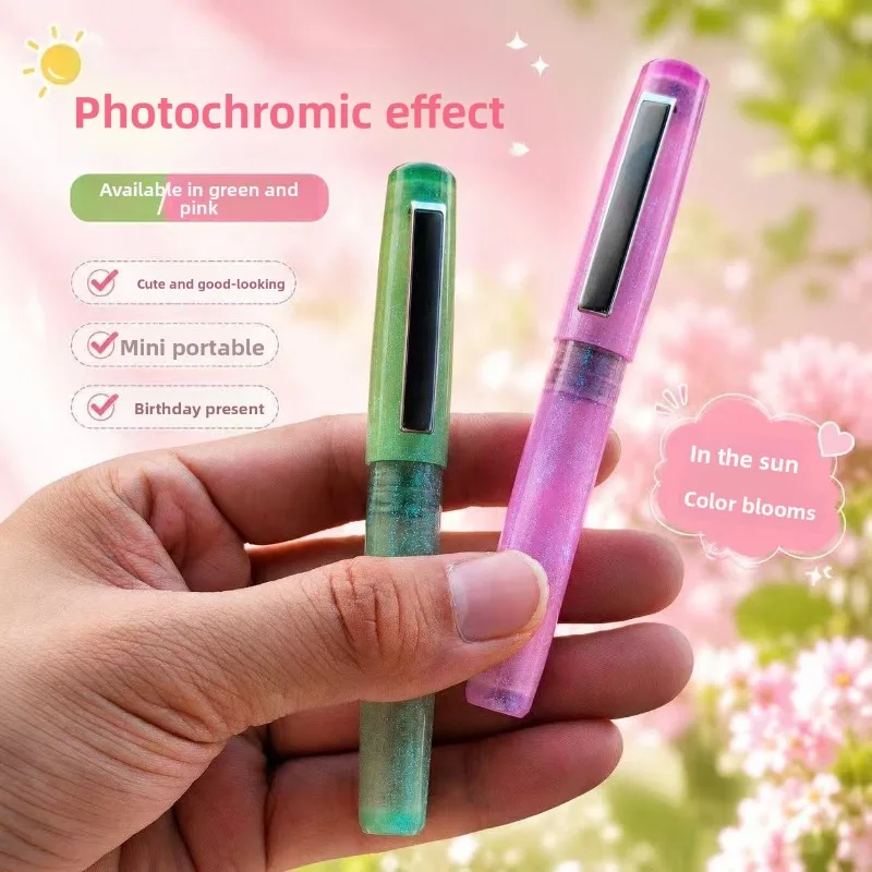 Pocket Fountain Pen Light Reactive Color Changing Transparent Glitter Body Smooth Writing EF Stationery School Office Supplies