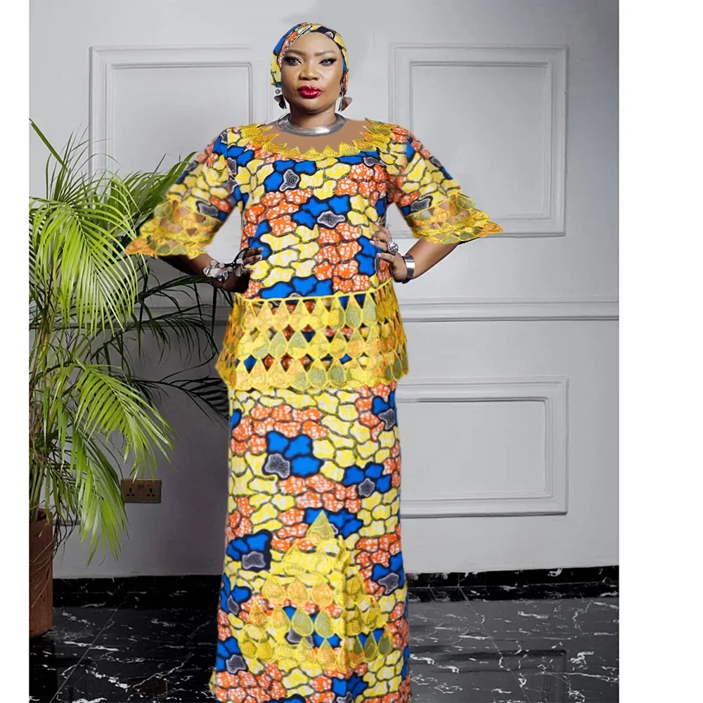 Plus Size African Clothes for Women 2024 Dashiki Ankara Embroidery Wedding Party Evening Top Skirt Matching Sets With Headscarf