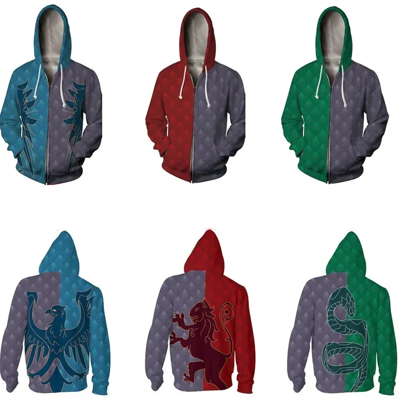 Película Hogwarts Slytherin Cosplay sudaderas con capucha Ravenclaw Hufflepuff Gryffindor cremallera sudadera uniforme escolar adulto abrigo de Halloween