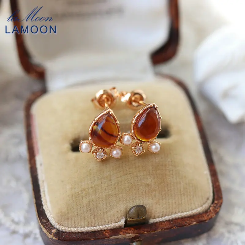 LAMOON Elegant Bijou Vintage Amber Earrings For Women Pearl 925 Sterling Silver Stud Earrings Gold Vermeil Fine Jewelry EI167