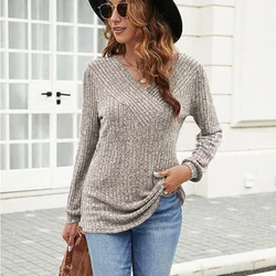 Women Autumn and Winter New Trendy V-Neck Solid Knitted Loose Look Thinner Casual Plus Size Sweater Versatile Long-sleeved Tops