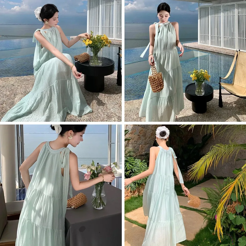 

Mint Green Summer Beach Dress for Women, Sleeveless Maxi Dress with Bow Neck, Loose Casual Long Dress (Character Count: 78)