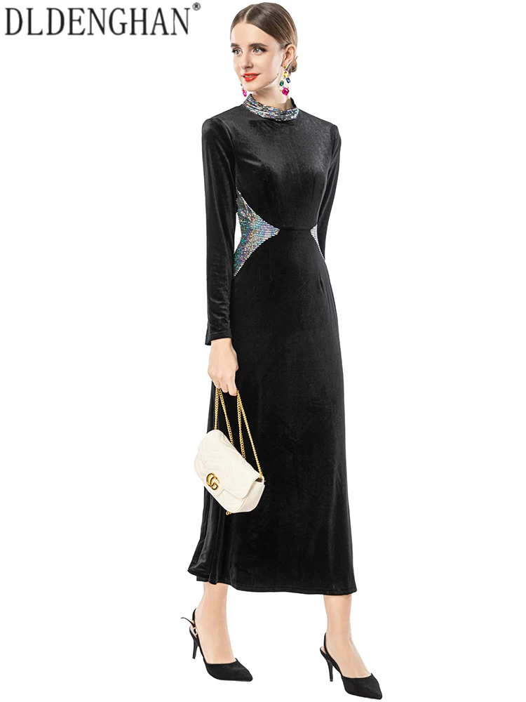 DLDENGHAN Elegant Black Velvet Dress with Diamonds Stand Collar Long Sleeve Mermaid Style Women Fashionable Party Wear Autumn