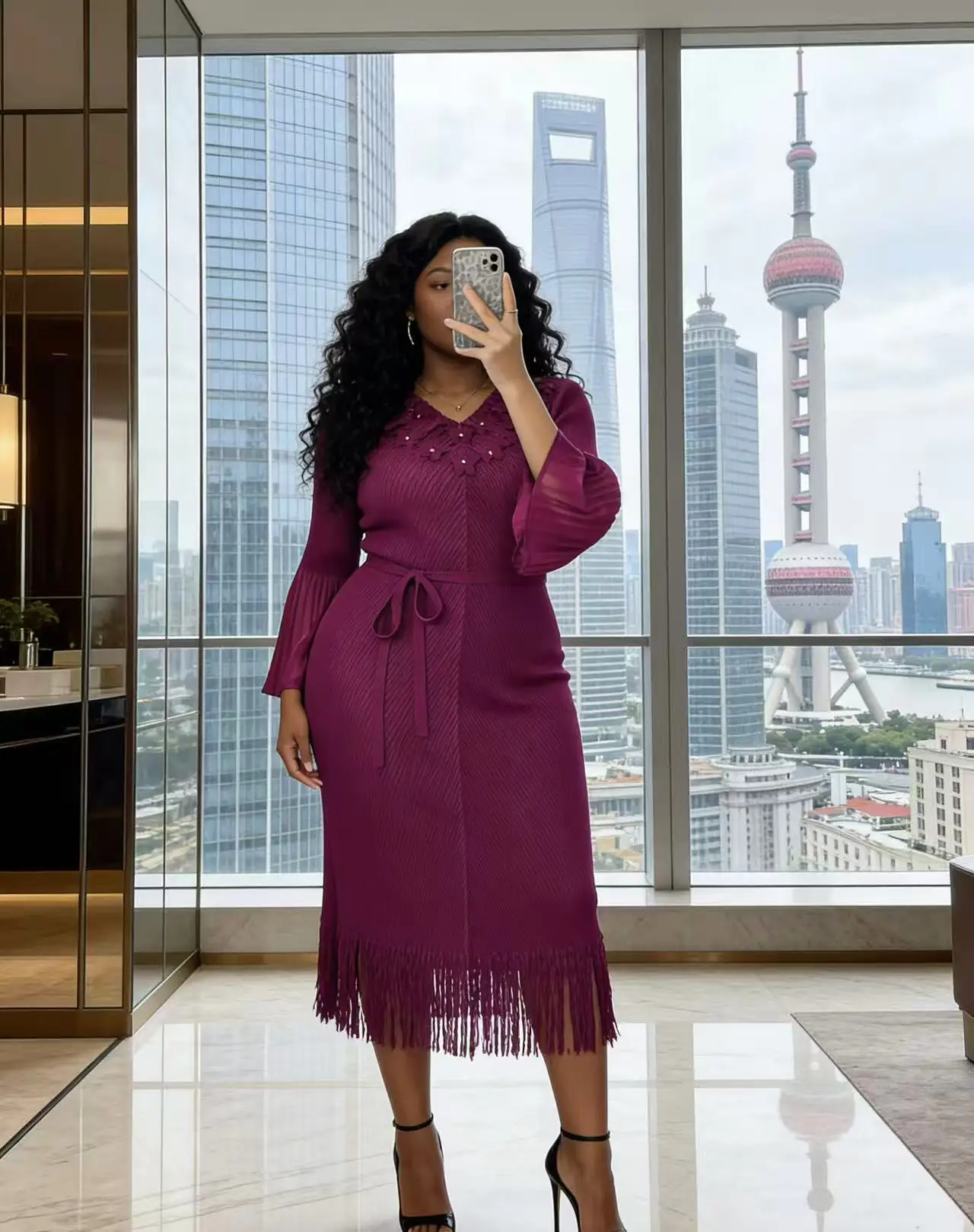 

2026 New Miyake Pleated Loose Fringed Thin V-neck Temperament Elegant Dress Women's Clothing