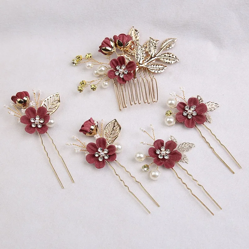 5Pcs/Set Bridal Hair Accessories for Women Flower Pearl Headpiece Tiara Wedding Barrette Clip Hairpins Bride Hair Combs Ornament image 2