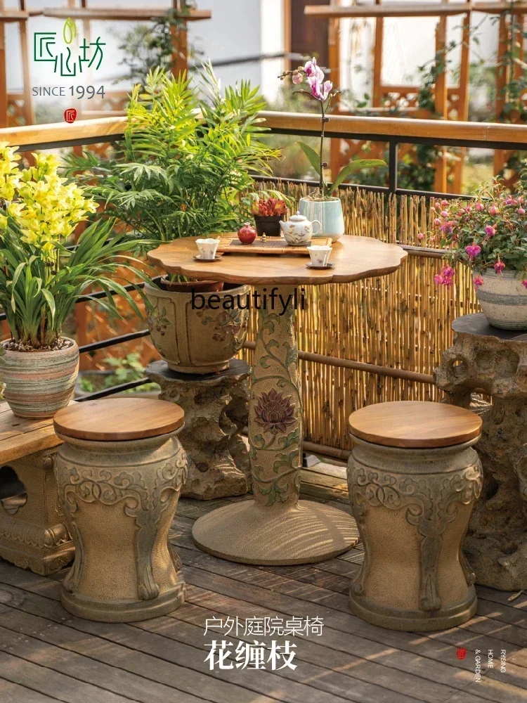 D178 H Chinese Garden Outdoor Courtyard Table and Chair Outdoor Terrazzo Table Balcony Terrace Yard round Table