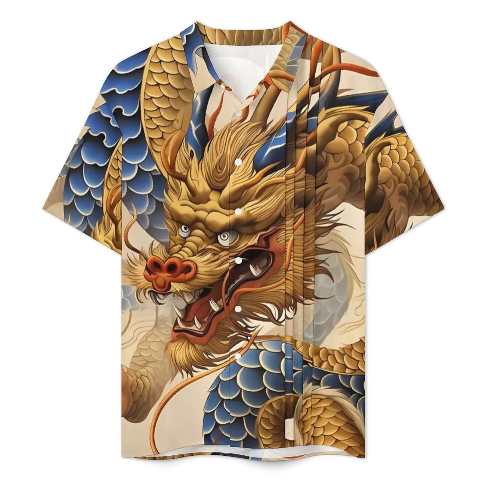 Dragon Print Beach Shirt Male Yakuza Anime Retro Y2K Casual Shirts Summer Short Sleeves Fashion Design Oversized Blouses